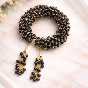 Midnight Onyx Beaded "Gajra" Bangle Set: Gold-Tipped Crystal Cluster with Latkan