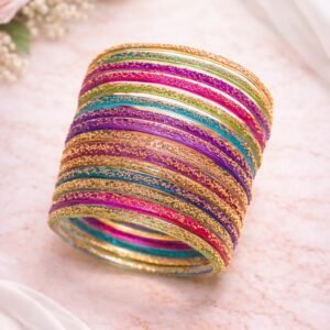 Radiant Multi-Color Glitter Glass Bangles: Gold Dust Edition (Set of 15)